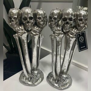 Martha Stewart Halloween Silver Skull & Bones Candle Holder Candelabra 12” SET